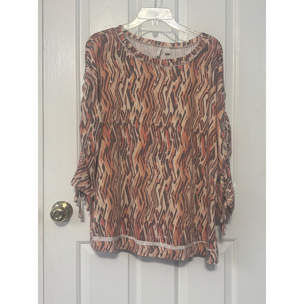 Cato Womens Abstract Tiger Print Ruched Sleeve Top Orange Brown Plus 14/16W